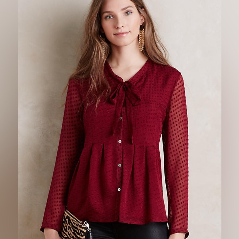 Anthropologie Maeve Clip-dot Tie neck Blouse
